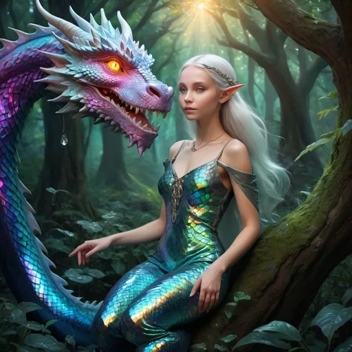 Prompt: Elf girl and dragon in a magical forest, iridescent scales, serene and surreal, profound bond, vivid and ethereal, peaceful and harmonious, shimmering dreams, transcending reality, graceful strength, testament to trust, surreal fantasy, ethereal, magical, vibrant colors, iridescent scales, vivid imagery, serene atmosphere, highres, detailed, fantasy, surreal, magical forest, iridescent scales, peaceful, dreamlike, vibrant, harmonious lighting