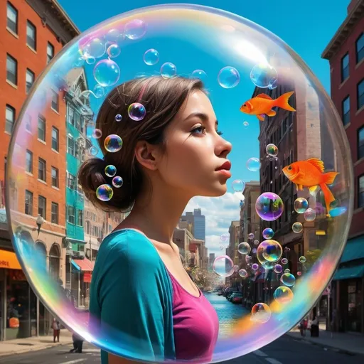 Prompt:  Imagine a whimsical, surreal cityscape seen through the magnifying effect of bubbles, where the colors are vivid and the objects within the bubbles are a mix of urban life and fantastical elements like floating fish. The central figure is a young woman dressed in vibrant colors, looking contemplatively to the side. The background is a blend of real-world urban details and imaginative, playful additions.