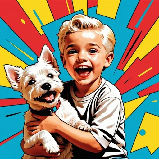 Prompt: Pop art illustration of a joyful kid playing with a Westie dog, vibrant colors, comic book style, bold outlines, playful energy, vintage pop art, retro vibes, exaggerated expressions, dynamic poses, high quality, vibrant, pop art, comic book style, joyful, vintage, retro, exaggerated expressions, dynamic poses, playful