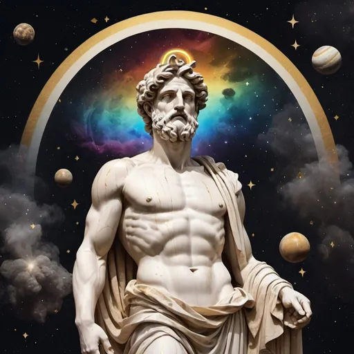 Prompt: dark,gold, A white marble statue of the Greek god, with his head raised and a rainbow halo around it; in space, surrounded by stars, planets, galaxies, and shooting star smoke; in the style of illustration, mixed media collage, vintage aesthetic, realistic 