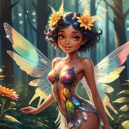 Prompt: Surreal illustration of a adult ebony fairy with transparent flying on a sunny morning, multicolored sunshine reflecting on her cute face and wings, forest background with vibrant colors, flying in the air, highres, detailed wings, surreal, cartoonish, multicolored sunlight, giant flower, transparent wings, cute face, vibrant forest, sunny morning, flying