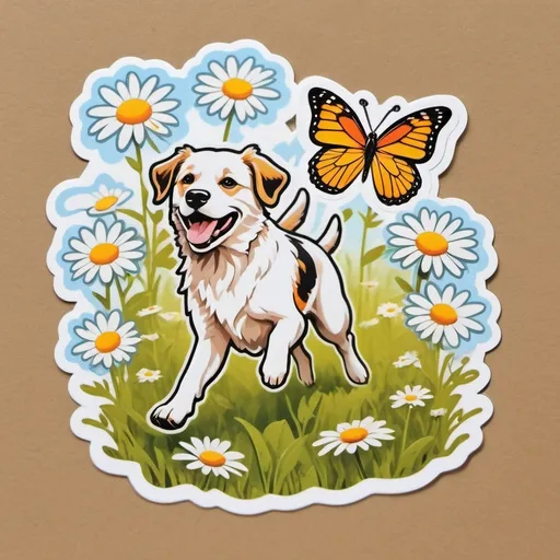 Prompt: A dog is running through the Daisy fields chasing a butterfly