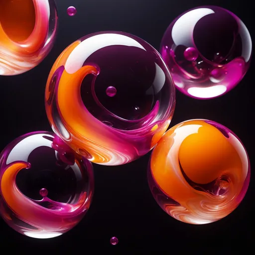 Prompt: Abstract glossy, fluid-like transparent structures and spheres transparent magenta orange, molten glass in mid-air, dynamic, dark backdrop