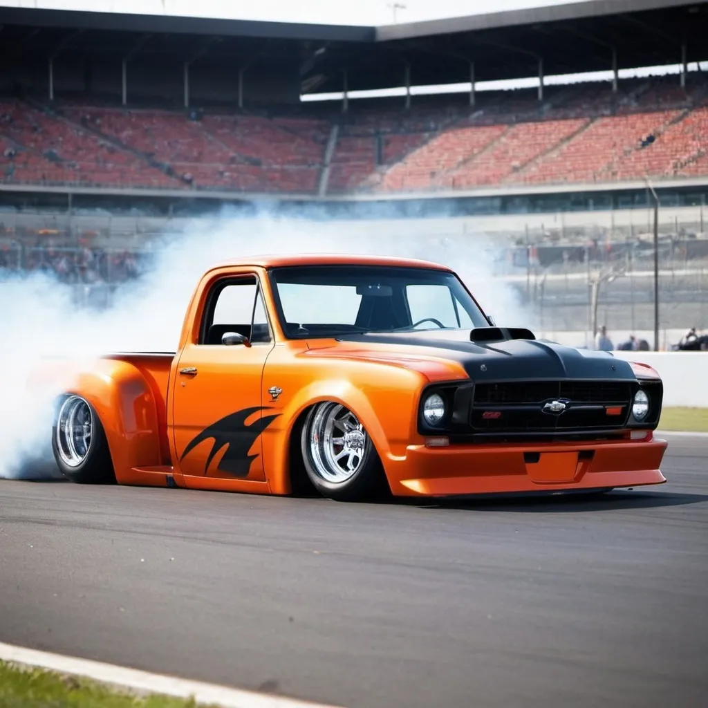 Prompt: make me a slammed racing truck for a track with a bunch of tire smoke behind it make it on a track and have bright silver wheels on it with a number on the side of 67 make it professional looking and make it orange with black accents!