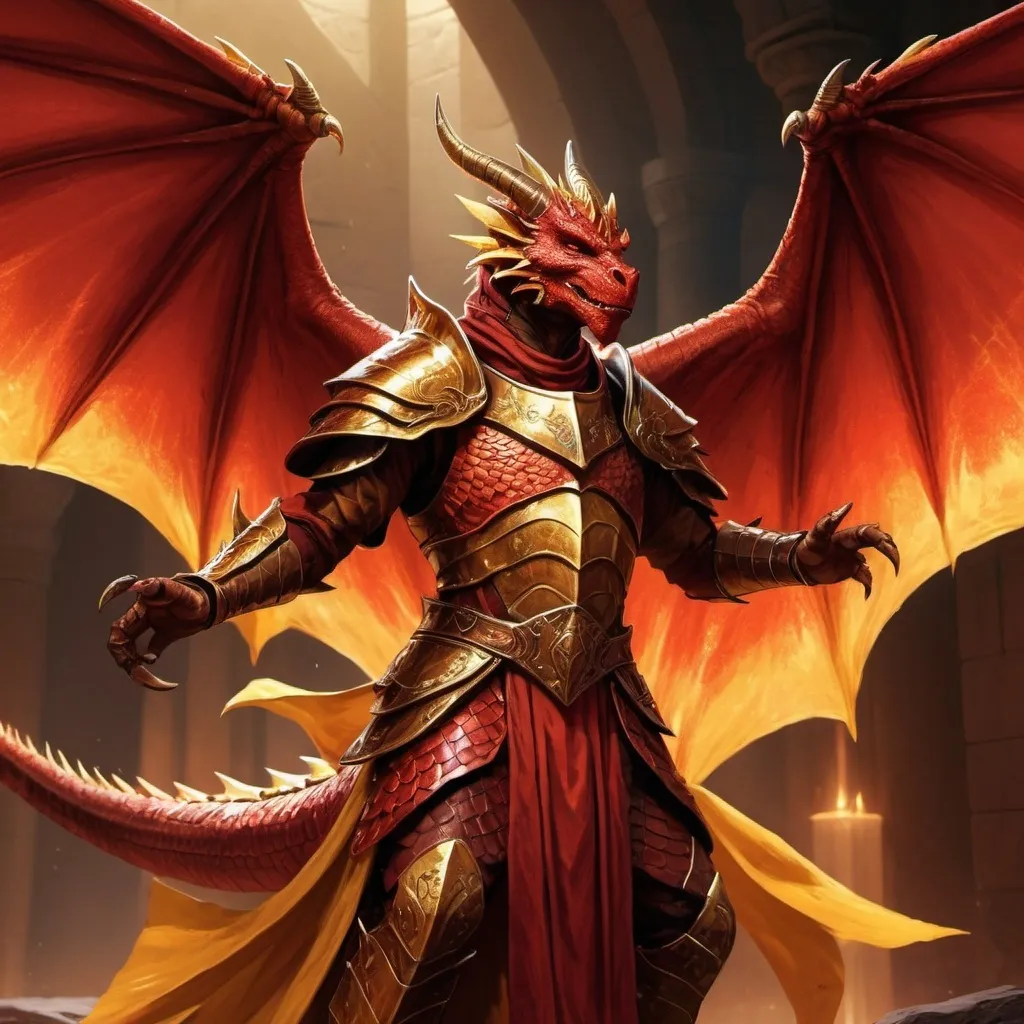 Prompt: winged red dragonborn cleric with yellow horns, less spikes, robes