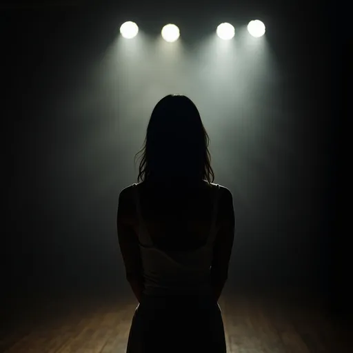 Prompt: A model stands in a dark studio, lit by spotlights, she is strongly backlit, black hair, she poses with hands behind her back, hazy scene