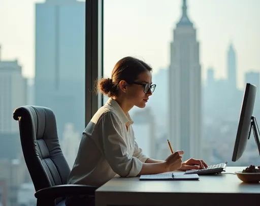 Prompt: Life model, positioned at office desk, sat on chair, feet on desk, city view out of window, she is wearing glasses, holding pencil and notebook