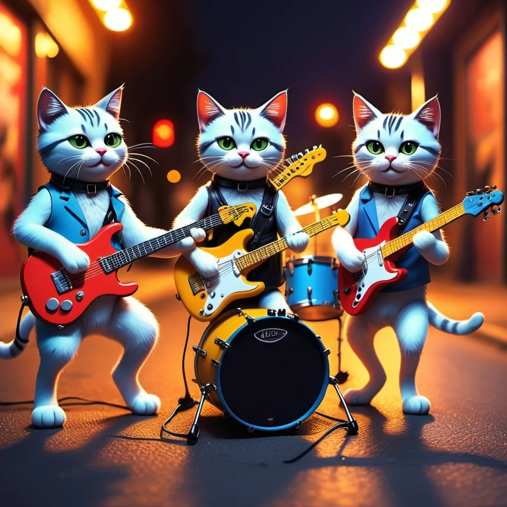 Prompt: picture of four cat playing rock music? They will be funny and cute, with guitars and drums, on the street, with neon lights, and people