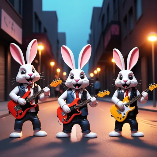Prompt: picture of four rabit playing rock music? They will be funny and cute, with guitars and drums, on the street, with neon lights, and people