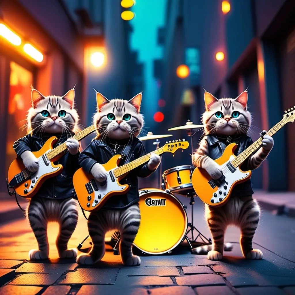 Prompt: picture of four cat playing rock music? They will be funny and cute, with guitars and drums, on the street, with neon lights, and people