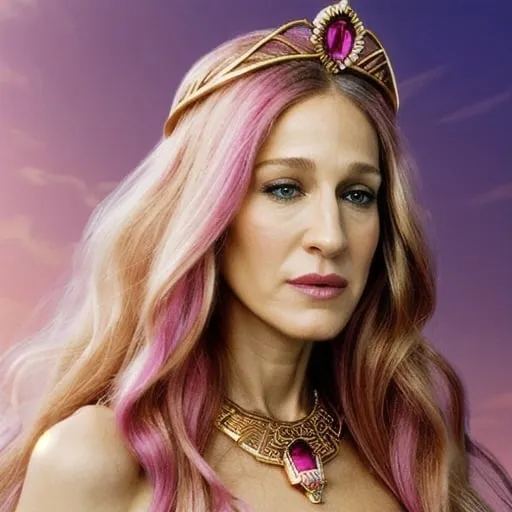 Prompt: Sarah Jessica Parker as Hera, Tall, slender, hot pink skin, magenta lips, wavy golden blonde hair, magenta eyelids, blue eyes, pink aura, Greek Diadem crown and Greek goddess, Mount Olympus, Disney 