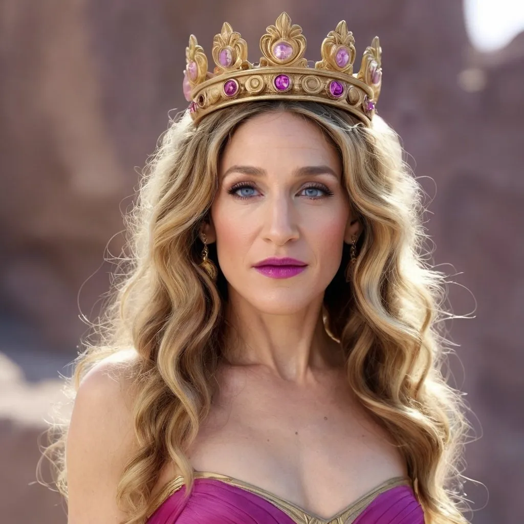 Prompt: Sarah Jessica Parker as Hera, Tall, slender, hot pink skin, magenta lips, wavy golden blonde hair, magenta eyelids, blue eyes, pink aura, Greek Diadem crown and Greek goddess, Mount Olympus, Disney 