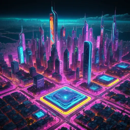 Prompt: Vibrant digital artwork showcasing 'El Mundo de las TIC', high-tech atmosphere with futuristic elements, colorful and dynamic, professional 3D rendering, neon lights illuminating the futuristic cityscape, intricate circuit patterns intertwining with nature, intricate details, vibrant colors, high quality, 4k resolution, professional, futuristic, vibrant colors, dynamic composition, digital art, neon lights, tech-inspired, detailed 3D rendering, professional lighting