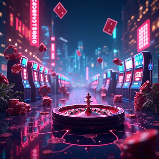 Prompt: A bold, futuristic cyberpunk-style poster advertising an online casino. The scene is vibrant and colorful, filled with glowing neon lights and holographic interfaces. Key casino elements like poker chips, playing cards, a roulette wheel, and slot machines are integrated seamlessly into the design, floating or rotating in digital space. The background features a stylized digital city skyline with bright, pulsating lights, and abstract holograms. The mood is fun, elegant, and electric – with excited players subtly represented as silhouettes laughing or cheering. The layout has space to display multiple promotional offers in a clean, visually dynamic way. Use a bold, high-tech typography style, and balance playful energy with sleek sophistication. Poster design format, vivid color scheme, highly detailed, print-quality resolution, front-facing view.