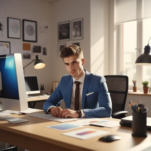 Prompt: A man in his twenties ina his office as a graphic designer . The man is slim and chocolate in completion.Computer is in front of his table. He is wearing a suit