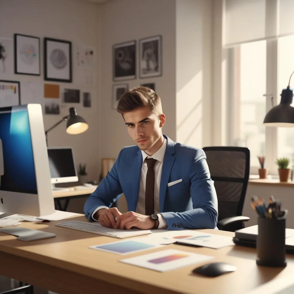 Prompt: A man in his twenties ina his office as a graphic designer . The man is slim and chocolate in completion.Computer is in front of his table. He is wearing a suit