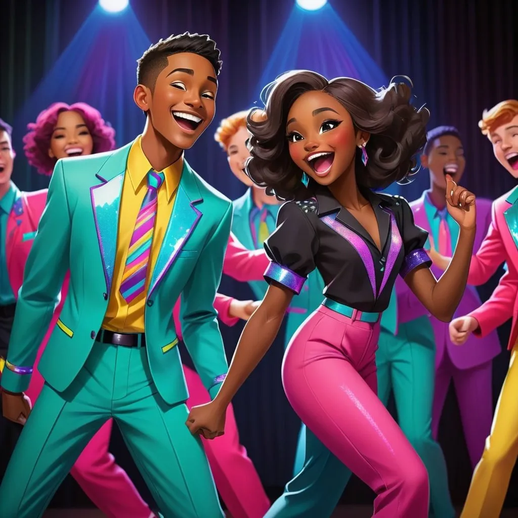 Prompt: Cartoon of a causcasian high-school male and a black female dressed in flashy, matching, show choir suits. They all wear colorful pants and have shirts on with sleeves. The female sneers at the male. He is smiling. They're mid-performance, singing and dancing energetically. Neon lights in various colors illuminate the stage. The backdrop is filled with sparkling stars, adding to the magical atmosphere. Each character has their own unique personality and style, making the scene lively and dynamic.