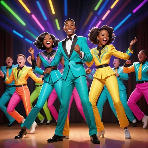 Prompt: Cartoon of a causcasian high-school male and a black female dressed in flashy, matching, show choir suits. They all wear colorful pants and have shirts on with sleeves. The female sneers at the male. He is smiling. They're mid-performance, singing and dancing energetically. Neon lights in various colors illuminate the stage. The backdrop is filled with sparkling stars, adding to the magical atmosphere. Each character has their own unique personality and style, making the scene lively and dynamic.