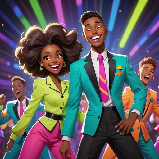 Prompt: Cartoon of a causcasian high-school male and a black female dressed in flashy, matching, show choir suits. They all wear colorful pants and have shirts on with sleeves. The female sneers at the male. He is smiling. They're mid-performance, singing and dancing energetically. Neon lights in various colors illuminate the stage. The backdrop is filled with sparkling stars, adding to the magical atmosphere. Each character has their own unique personality and style, making the scene lively and dynamic.