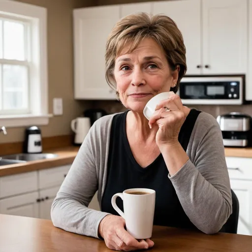 Prompt: a photo of a 60 year old woman in a kitchen. Drinking coffee. Her face shows the emotion of being relaxed and feeling safe. There is a keurig coffee machine in the photo. 