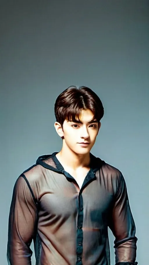 Prompt: handsome man in a transparent seethrough hooded button up shirt, relaxed confident expression, muscular, shaved, arrogant smirk, clear skin, happy face, chiseled body, broad shoulder