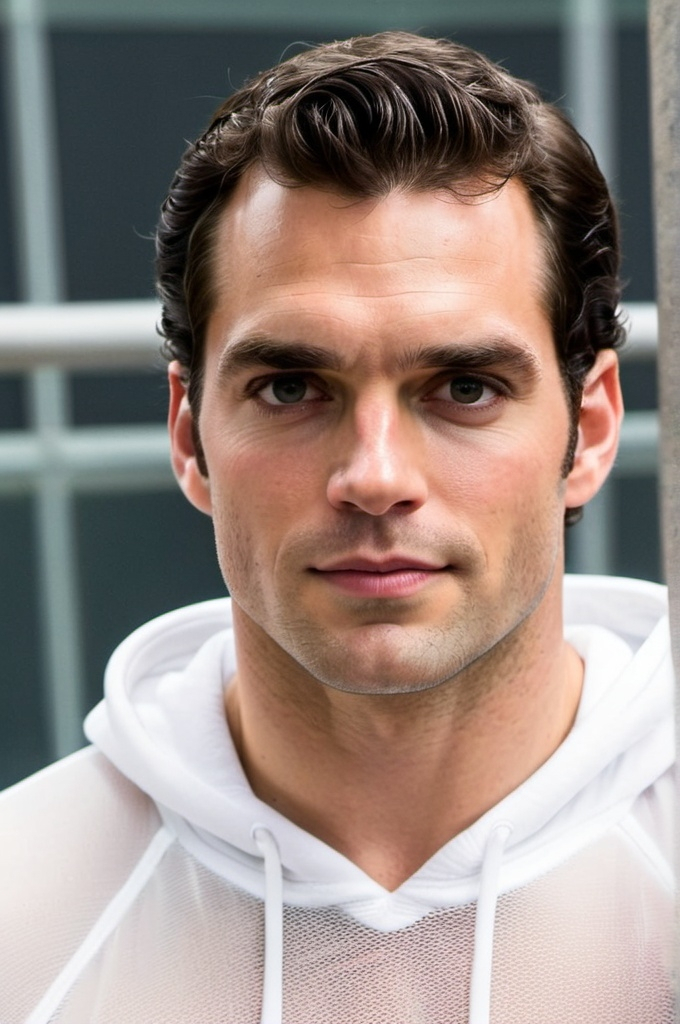 Prompt: Henry Cavill in a white transparent seethrough hoodie pullover suit showing muscular chest, relaxed confident expression, muscular, shaved, arrogant smirk, clear skin, happy face