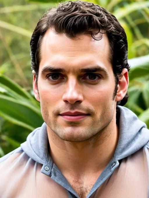 Prompt: Henry Cavill in a transparent seethrough skintight hooded button up shirt, relaxed confident expression, muscular, shaved, arrogant smirk, clear skin, happy face, chiseled body