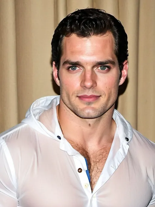 Prompt: Henry Cavill in a transparent seethrough hooded button up shirt, relaxed confident expression, muscular, shaved, arrogant smirk, clear skin, happy face, chiseled body