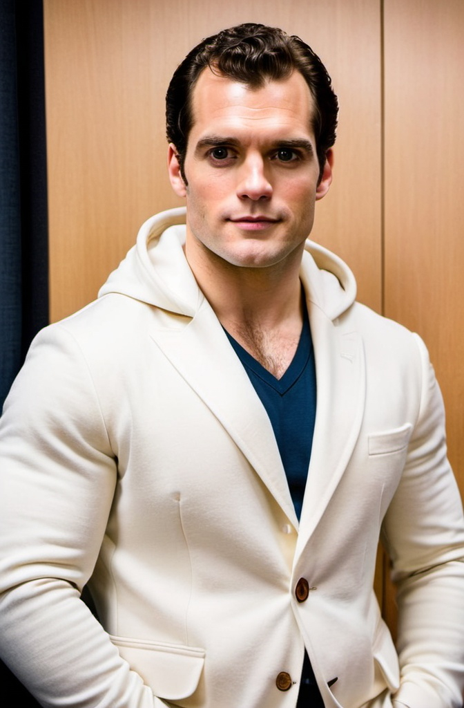 Prompt: Henry Cavill in a white hoodie pullover and suit blazer coat, relaxed confident expression, muscular, shaved, arrogant smirk, clear skin, happy face