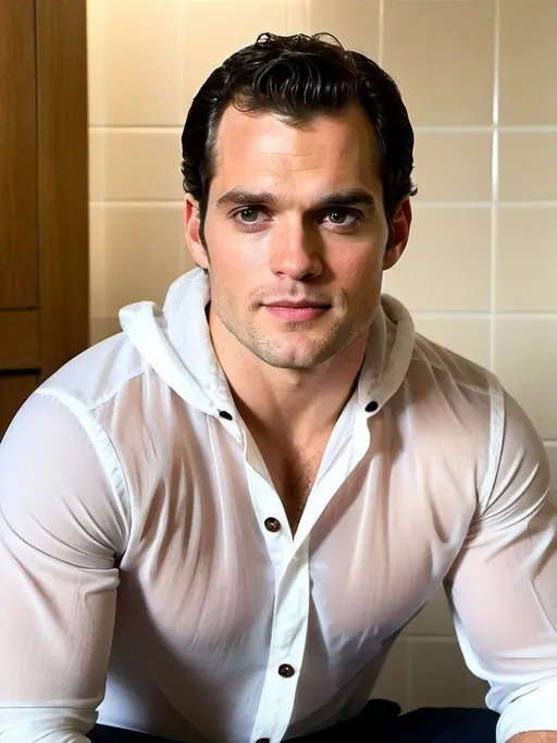 Prompt: Henry Cavill in a transparent seethrough hooded button up shirt, relaxed confident expression, muscular, shaved, arrogant smirk, clear skin, happy face, chiseled body, sitting on toilet