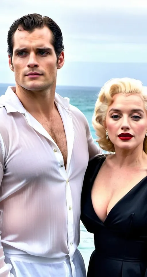 Prompt: Henry Cavill in a long sleeve transparent seethrough hooded button up shirt hoodie, relaxed confident expression, muscular, shaved, arrogant smirk, clear skin, chiseled body, pose with an elderly older woman bride looks like Marilyn Monroe, strapless wedding dress