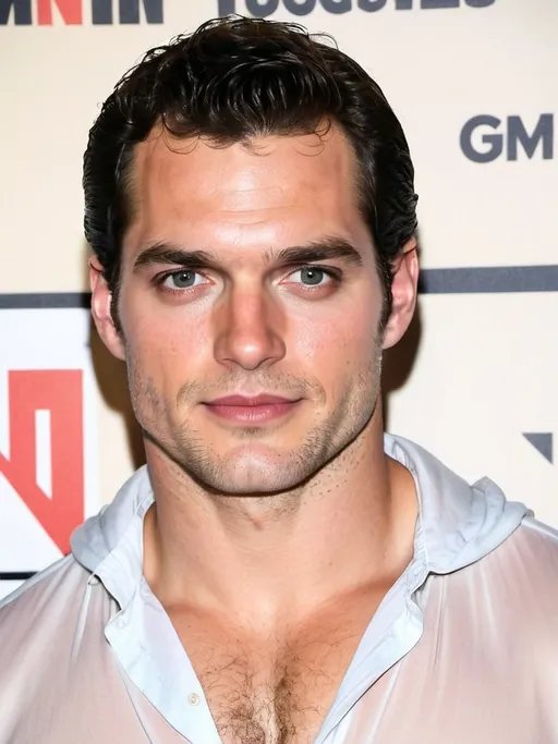 Prompt: Henry Cavill in a transparent seethrough hooded button up shirt, relaxed confident expression, muscular, shaved, arrogant smirk, clear skin, happy face, chiseled body