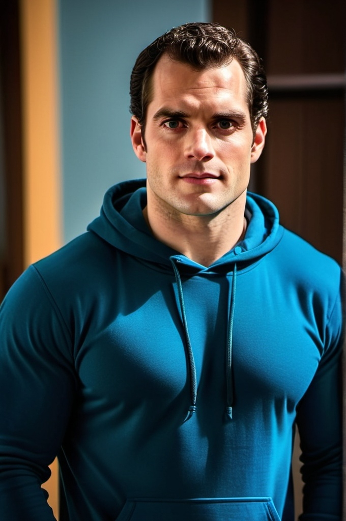 Prompt: Henry Cavill in a pvc hoodie pullover, relaxed confident expression, muscular, shaved, arrogant smirk, clear skin, happy face