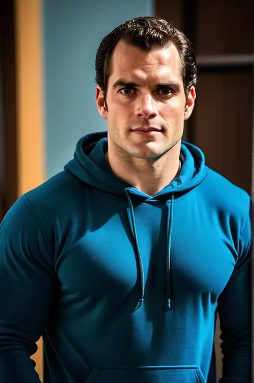 Prompt: Henry Cavill in a pvc hoodie pullover, relaxed confident expression, muscular, shaved, arrogant smirk, clear skin, happy face