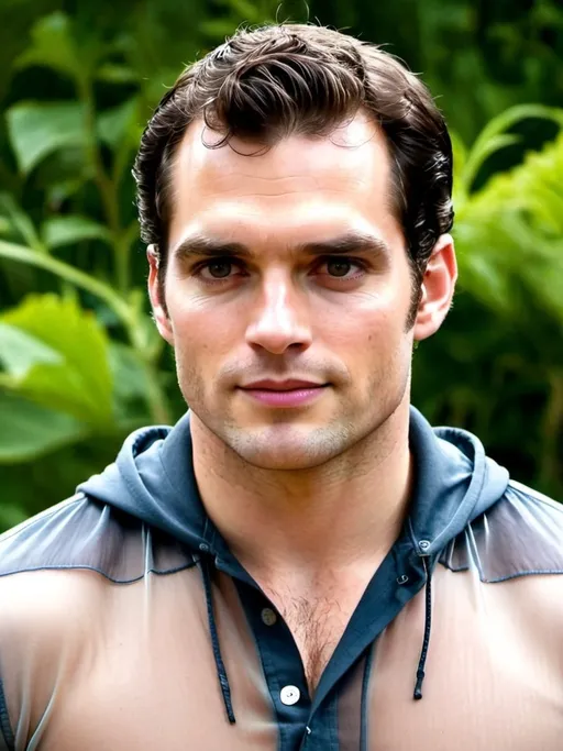 Prompt: Henry Cavill in a transparent seethrough hooded button up shirt and trousers, relaxed confident expression, muscular, shaved, arrogant smirk, clear skin, happy face