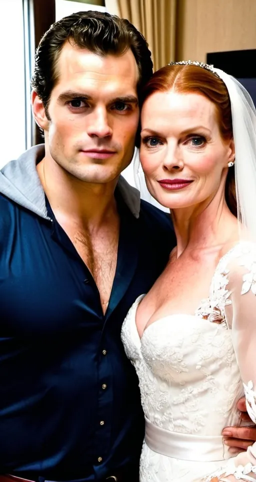 Prompt: Henry Cavill in a long sleeve transparent seethrough hooded button up shirt with a hood, relaxed confident expression, muscular, shaved, arrogant smirk, clear skin, chiseled body, pose with an elderly older woman bride looks like Marcia Cross, strapless wedding dress