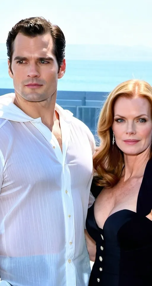 Prompt: Henry Cavill in a transparent seethrough hooded button up shirt with a hood with pit stains, relaxed confident expression, muscular, shaved, arrogant smirk, clear skin, chiseled body, pose with an elderly older woman bride looks like Marcia Cross, strapless wedding dress