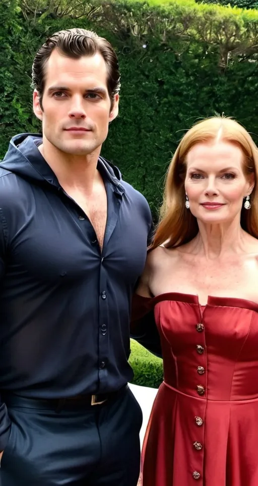 Prompt: Henry Cavill in a long sleeve transparent seethrough hooded button up shirt with a hood, relaxed confident expression, muscular, shaved, arrogant smirk, clear skin, chiseled body, pose with an elderly older woman bride looks like Marcia Cross, strapless wedding dress