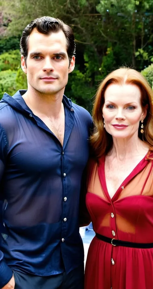 Prompt: Henry Cavill in a long sleeve transparent seethrough hooded button up shirt with a hood, relaxed confident expression, muscular, shaved, arrogant smirk, clear skin, chiseled body, pose with an elderly older woman bride looks like Marcia Cross, strapless wedding dress