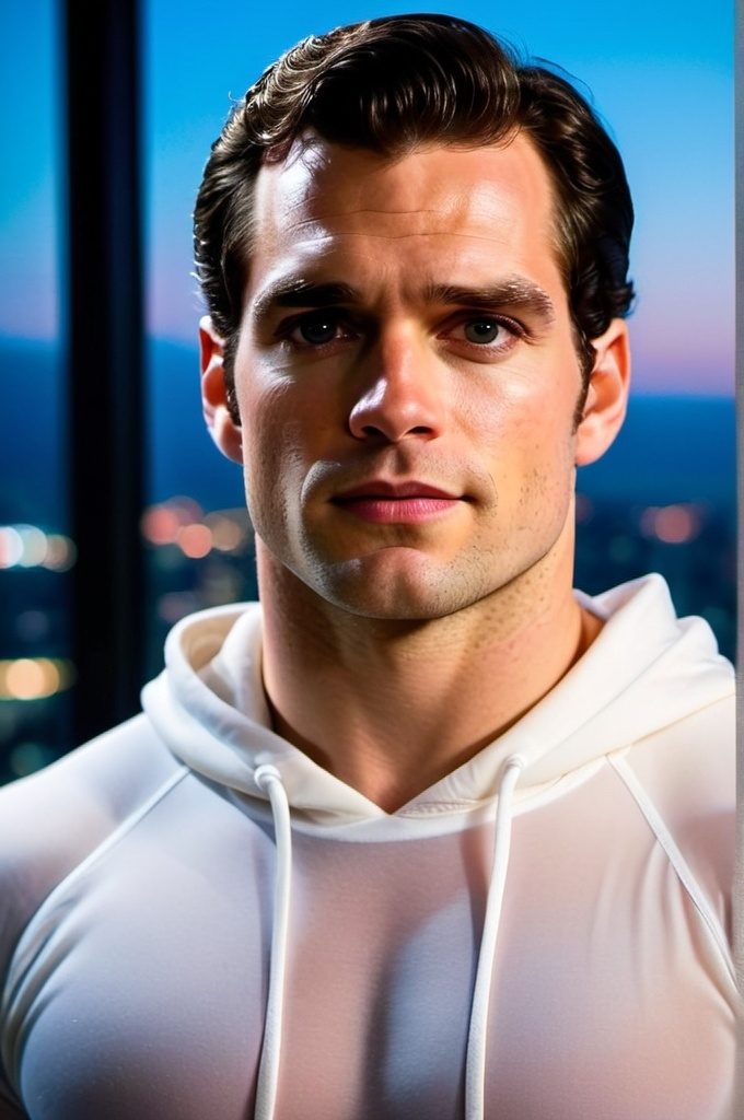 Prompt: Henry Cavill in a white transparent seethrough hoodie pullover suit showing muscular chest, relaxed confident expression, muscular, shaved, arrogant smirk, clear skin, happy face, chiseled body