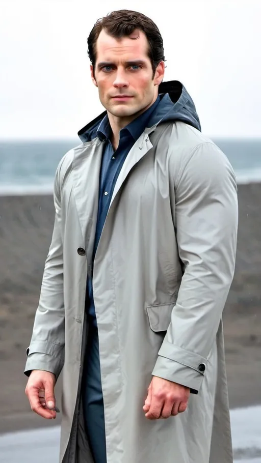 Prompt: Henry Cavill in a hooded raincoat with pit stains, relaxed confident expression, muscular, shaved, arrogant smirk, clear skin, happy face