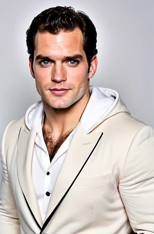 Prompt: Henry Cavill in a white hoodie pullover and suit blazer coat, relaxed confident expression, muscular, shaved, arrogant smirk, clear skin, happy face