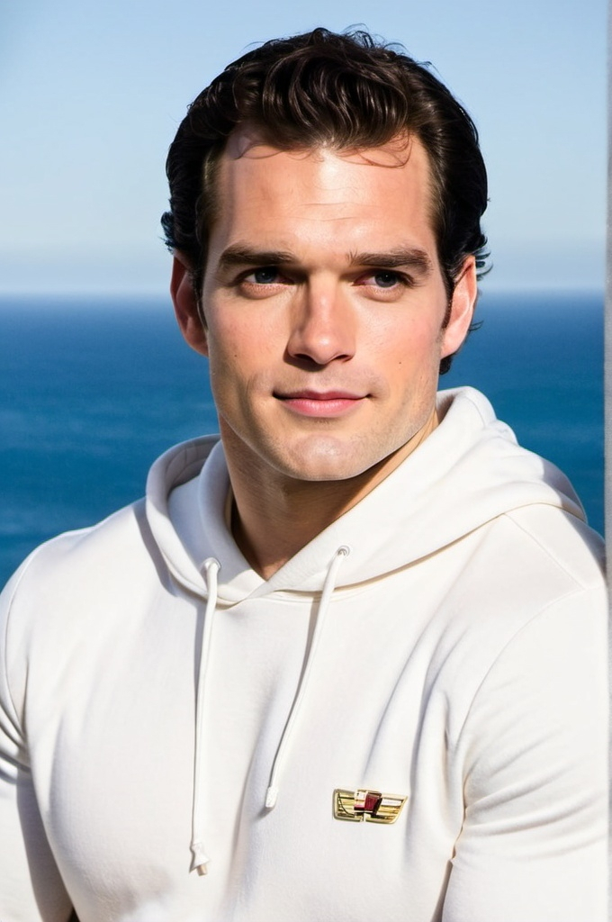 Prompt: Henry Cavill in a white long sleeve hoodie pullover and suit blazer, relaxed confident expression, muscular, shaved, arrogant smirk, clear skin, happy face