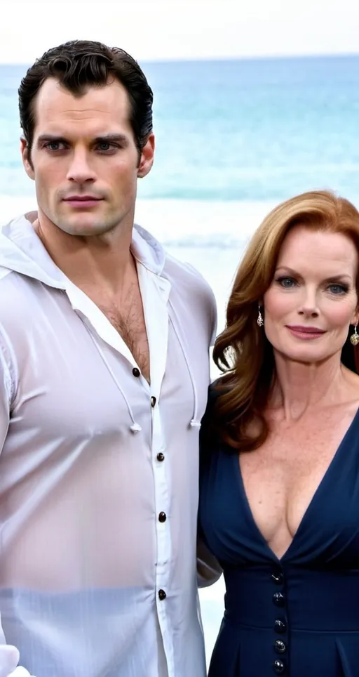 Prompt: Henry Cavill in a long sleeve transparent seethrough hooded button up shirt with a hood, relaxed confident expression, muscular, shaved, arrogant smirk, clear skin, chiseled body, pose with an elderly older woman bride looks like Marcia Cross, strapless wedding dress