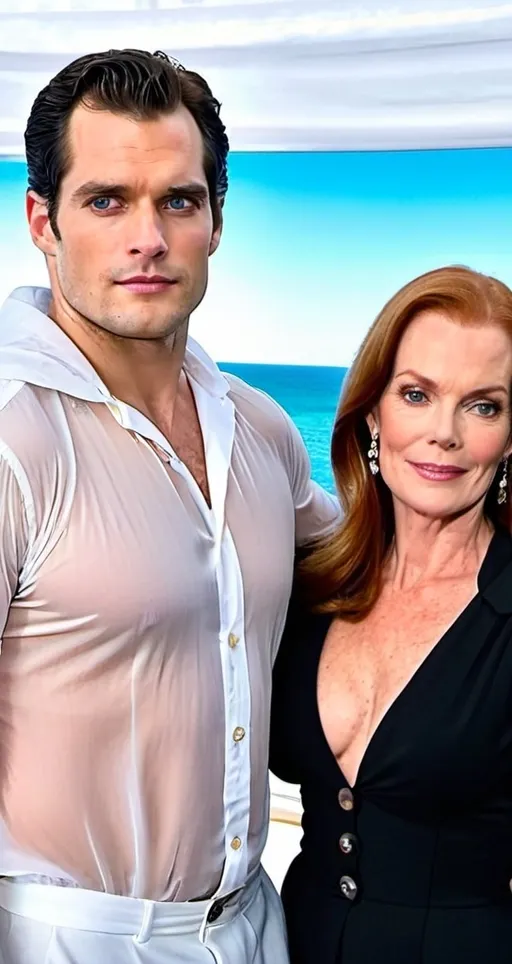 Prompt: Henry Cavill in a transparent seethrough hooded button up shirt with a hood, relaxed confident expression, muscular, shaved, arrogant smirk, clear skin, chiseled body, pose with an elderly older woman bride looks like Marcia Cross, strapless wedding dress