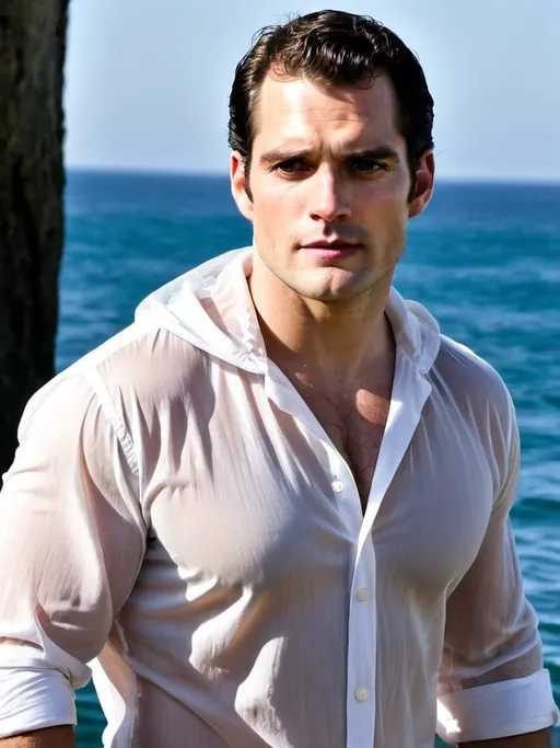 Prompt: Henry Cavill in a transparent seethrough hooded button up shirt, relaxed confident expression, muscular, shaved