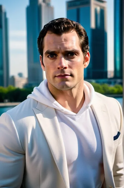 Prompt: Henry Cavill in a white hoodie pullover and suit blazer, relaxed confident expression, muscular, shaved, arrogant smirk, clear skin, happy face