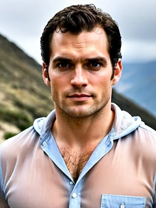 Prompt: Henry Cavill in a transparent seethrough hooded button up shirt, relaxed confident expression, muscular, shaved, arrogant smirk, clear skin