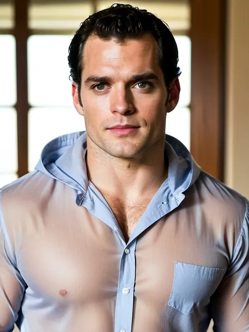 Prompt: Henry Cavill in a transparent seethrough hooded button up shirt and trousers, relaxed confident expression, muscular, shaved, arrogant smirk, clear skin, happy face