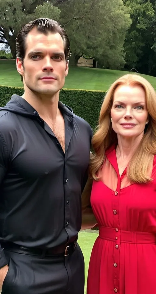 Prompt: Henry Cavill in a transparent seethrough hooded button up shirt with a hood, relaxed confident expression, muscular, shaved, arrogant smirk, clear skin, chiseled body, pose with an elderly older woman bride looks like Marcia Cross, strapless wedding dress